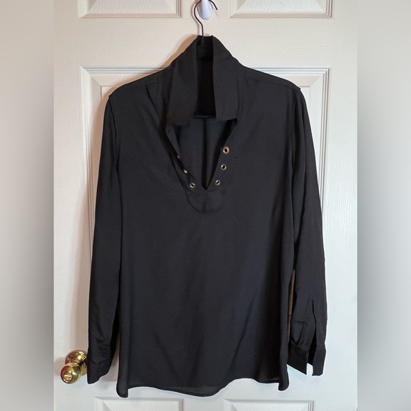 Calvin Klein Black Blouse Dress Shirt Long Sleeved EUC Gold Accent Buttons Sz M - Picture 8 of 11